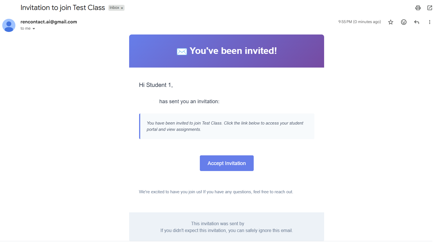 Invite Email from your teacher